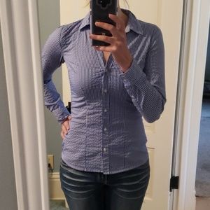 Blue and white striped button up blouse